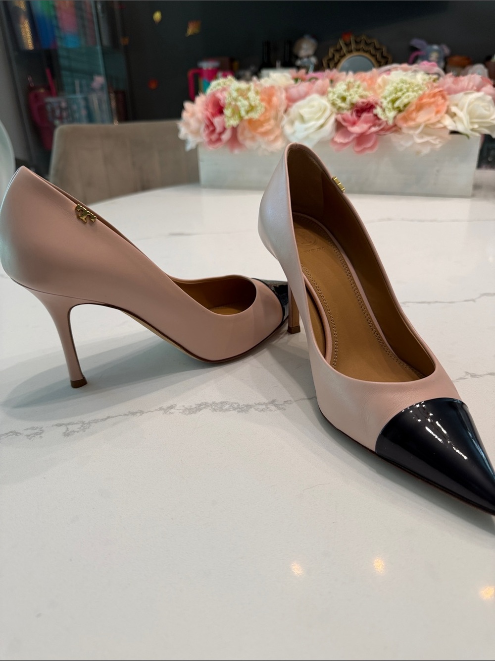 Tory Burch Blush Pink Leather Pumps with Black Patent Cap Toe